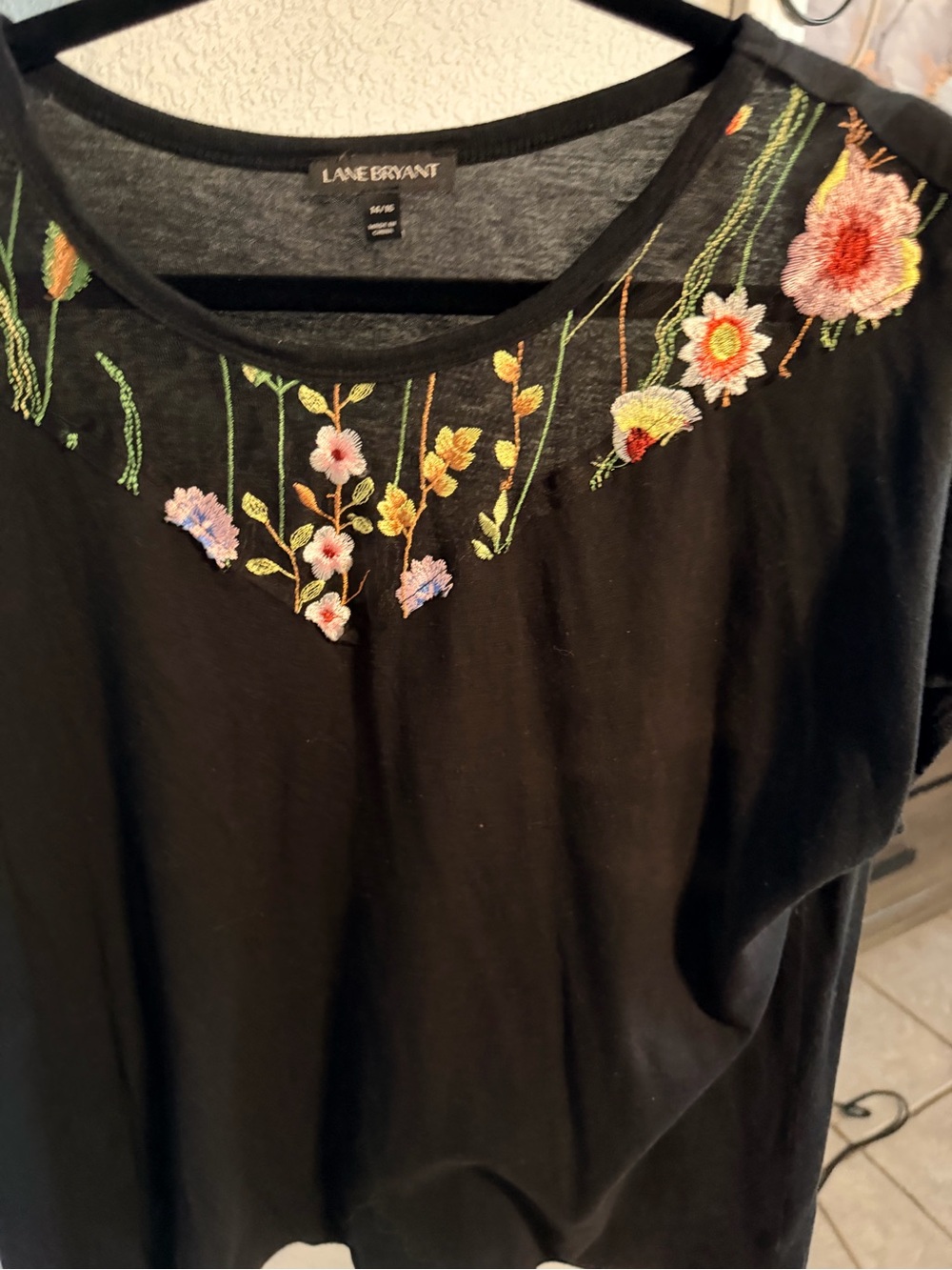 Lane Bryant Black Tee with Multicolor Floral Embroidery